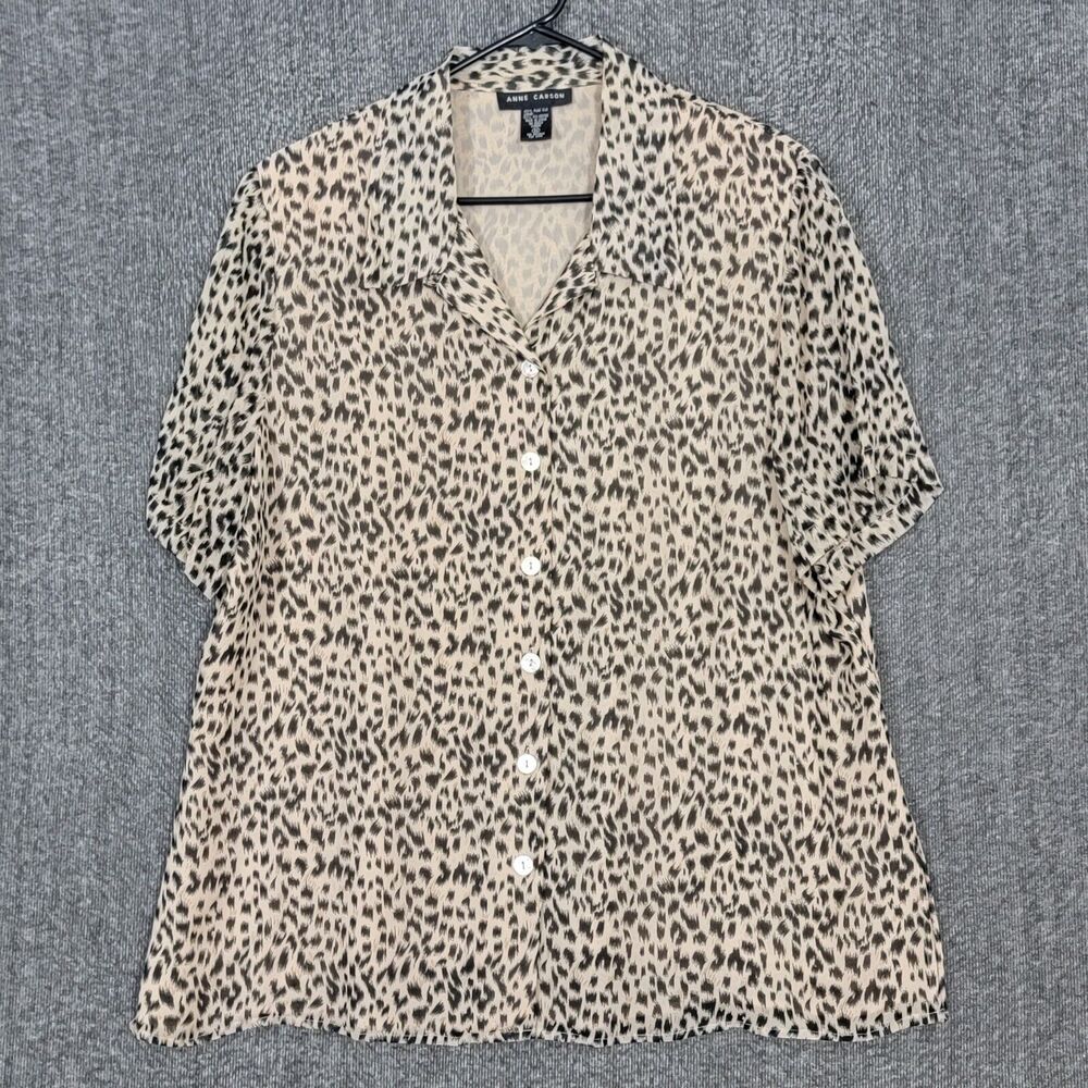 Anne Carson Blouse Womens 1X Brown Black 100% Silk Animal Print Short Sleeve